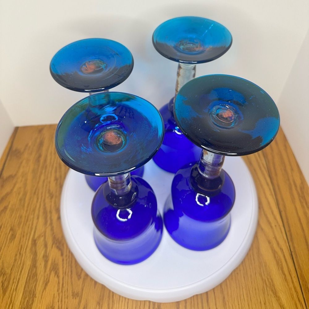 Cobalt Blue Stemware Glasses Set 🍷 Vintage Hand Blown Wine Goblets - Picture 4 of 6